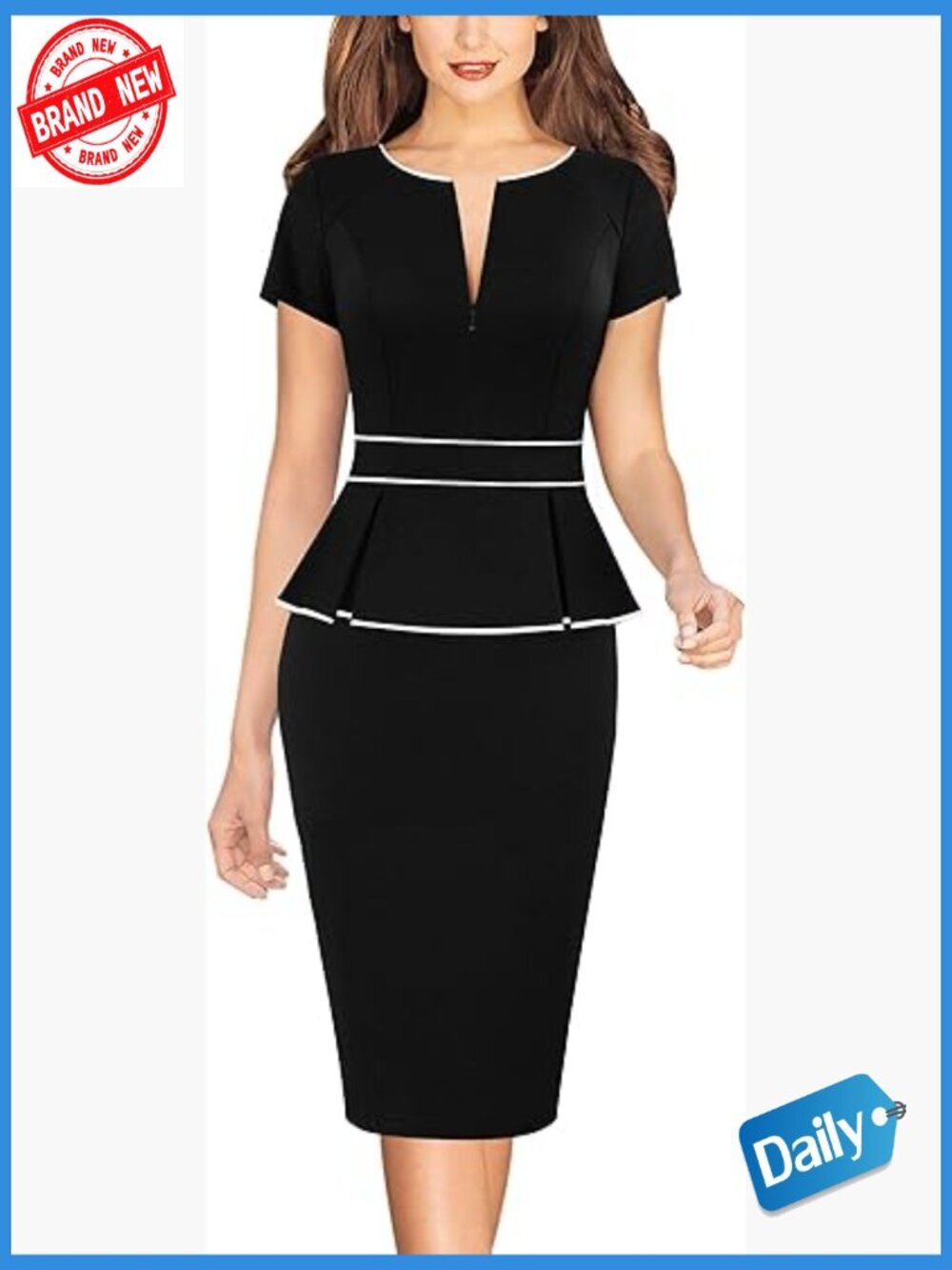 Elegant Bodycon Pencil Dress with Peplum Waist, Short Sleeve, Front Zipper,